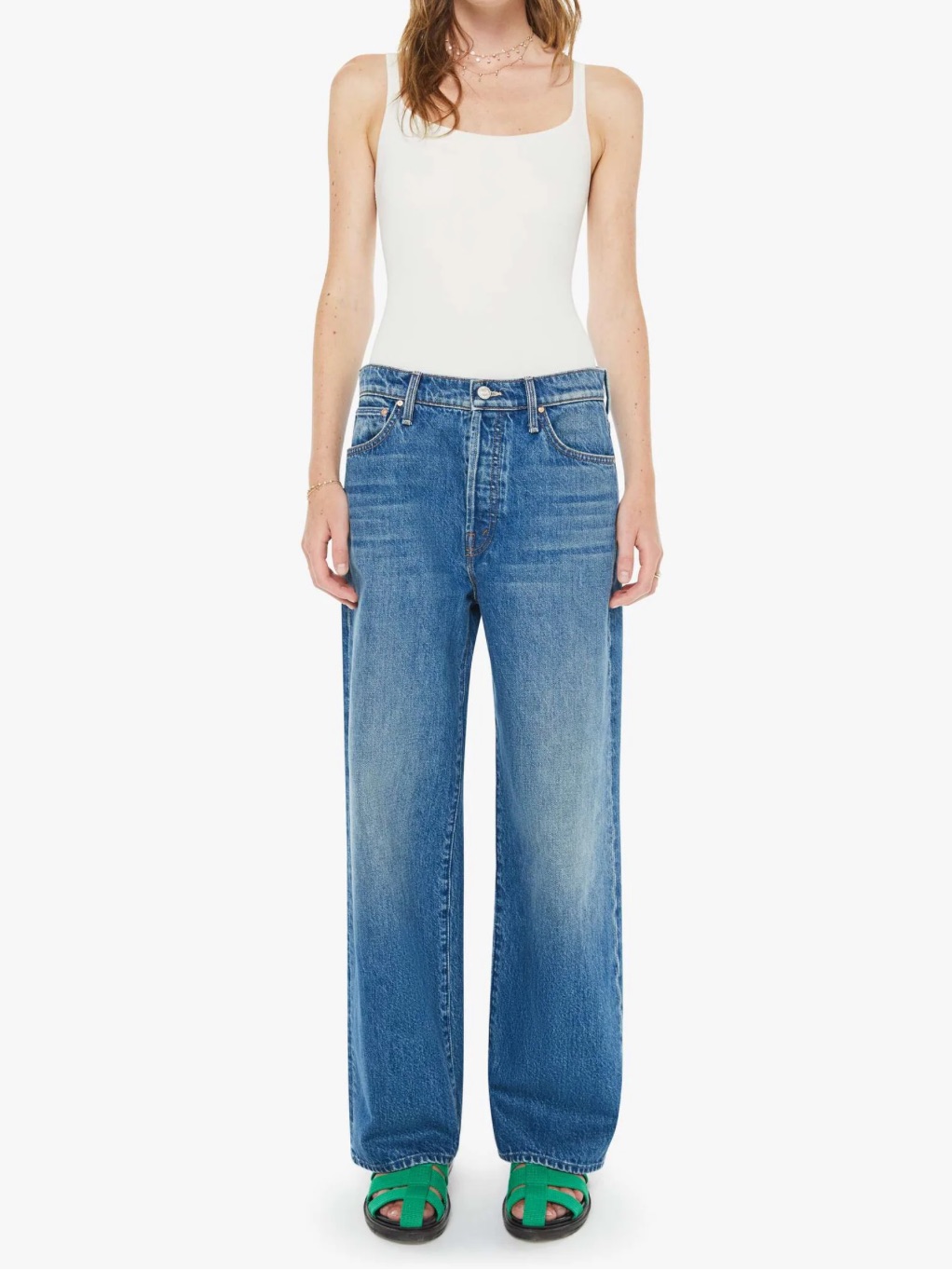 Mother The Dodger Button Flood Straight Wide Leg Jeans In Green Thumb